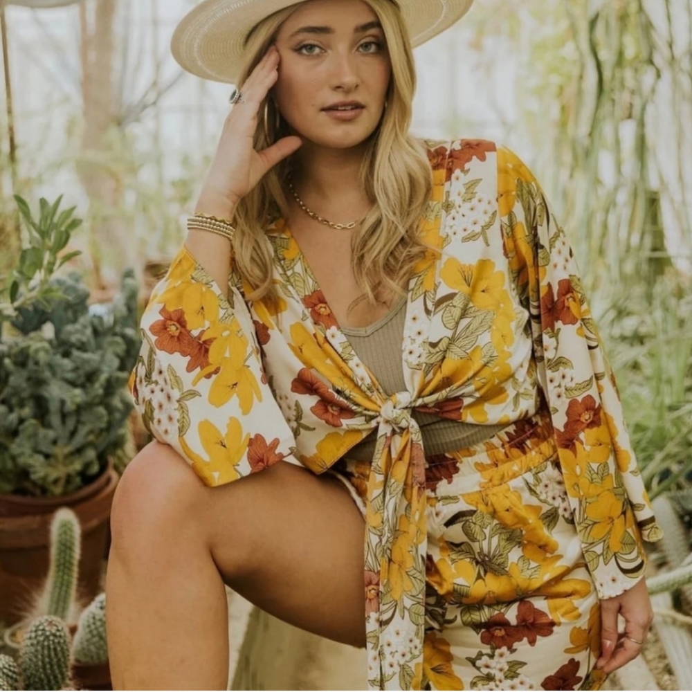 Logan Rae X Roolee Floral Tie Front Bell Sleeve Top Satin Blouse Boho Medium